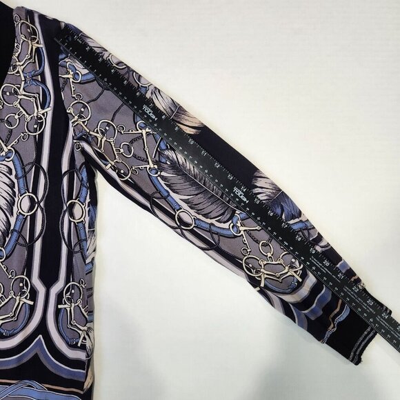 Hale Bob V-Neck Knit Top M Grey Blue Black Harness Print‎ Long Sleeve Stretch - Picture 8 of 10